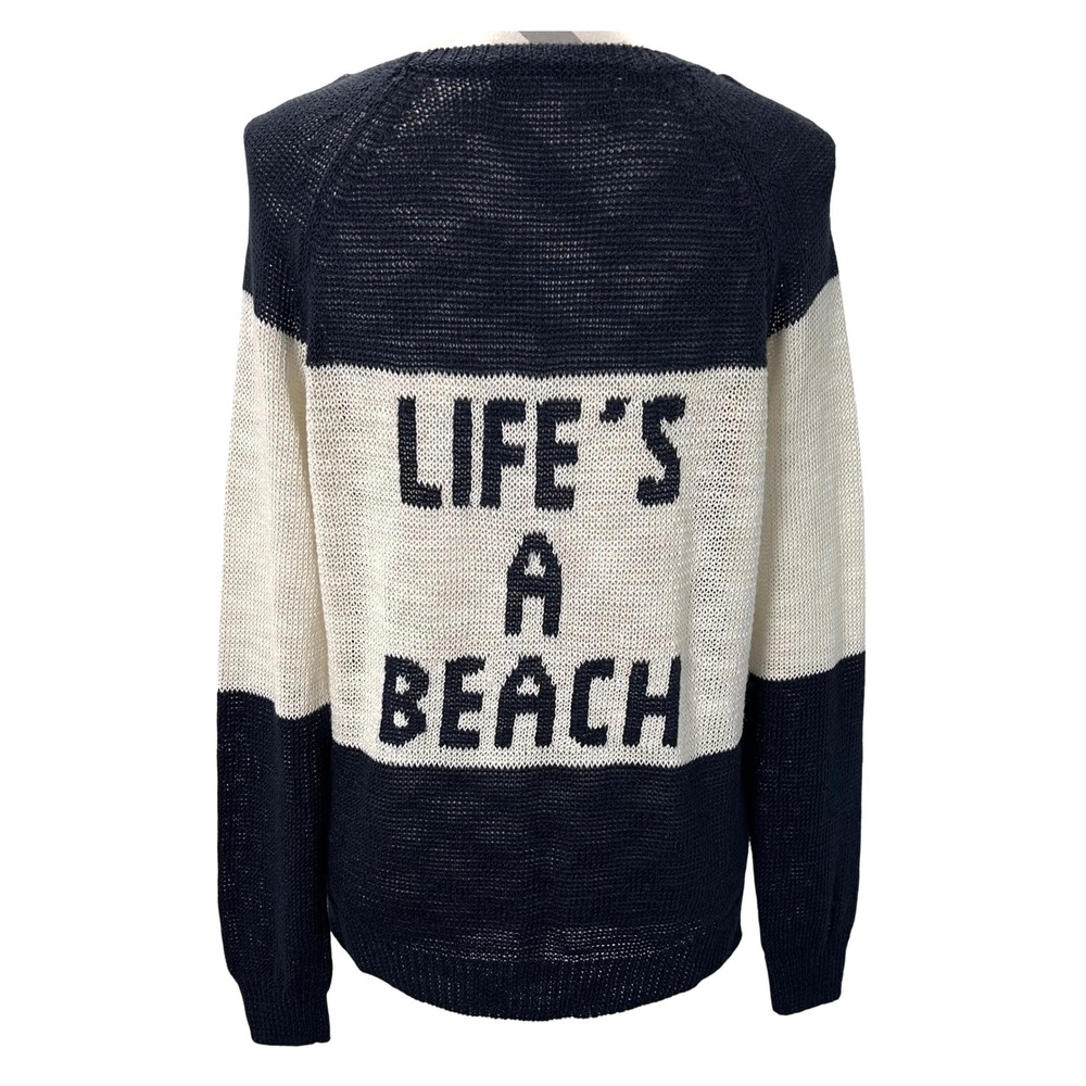 360 Sweater Women's Linen Blend Knit Sweater Life's‎ A Beach Navy Blue Cream M